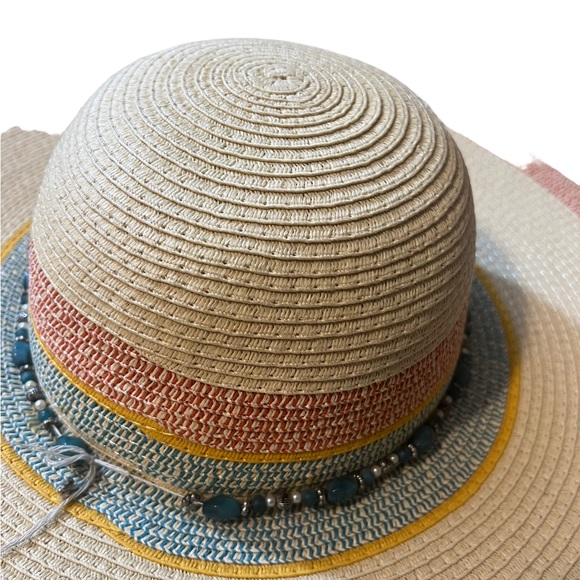 Royal Road Trading Company Turquoise Stone Beaded Band Straw Wide Brim Sun Hat - Picture 4 of 11